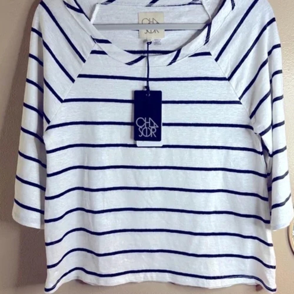NWT CHASER 3/4 Sleeve Black & White Linen Striped Tee Size Small
